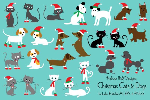 Christmas Cat & Dog Illustrations for Festive Design