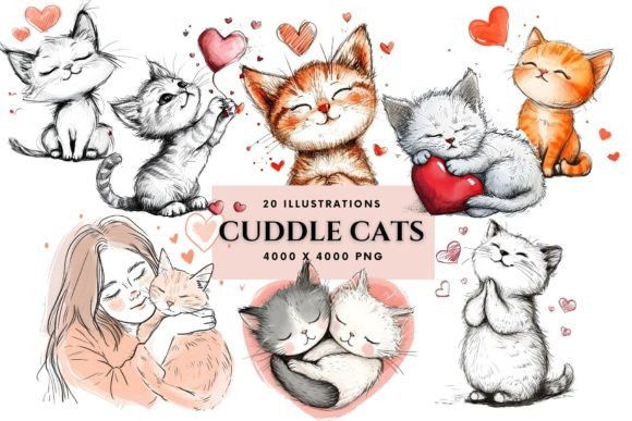 Cuddle Cats Clipart: Adorable Illustrations for Valentine's