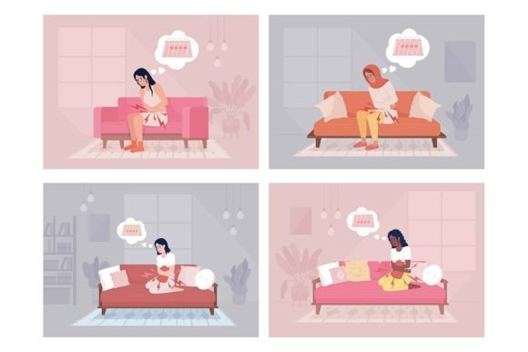 Dysmenorrhea Color Vector Illustrations for Clear Health Messaging
